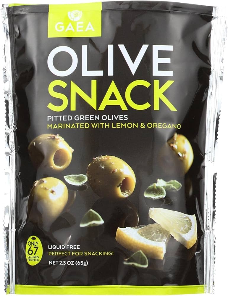 Gaea Lemon And Oregano Snack Pitted Green Olives 65Gm