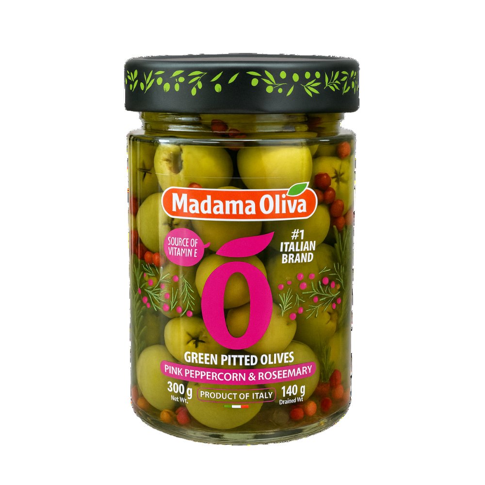 Madama Oliva Pink Pepper And Rosemary Greek Pitted Olives 140Gm