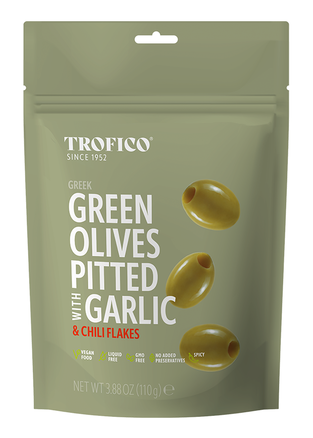 Trofico Greek Green Olives Pitted Garlic And Chili Flakes 230Gm