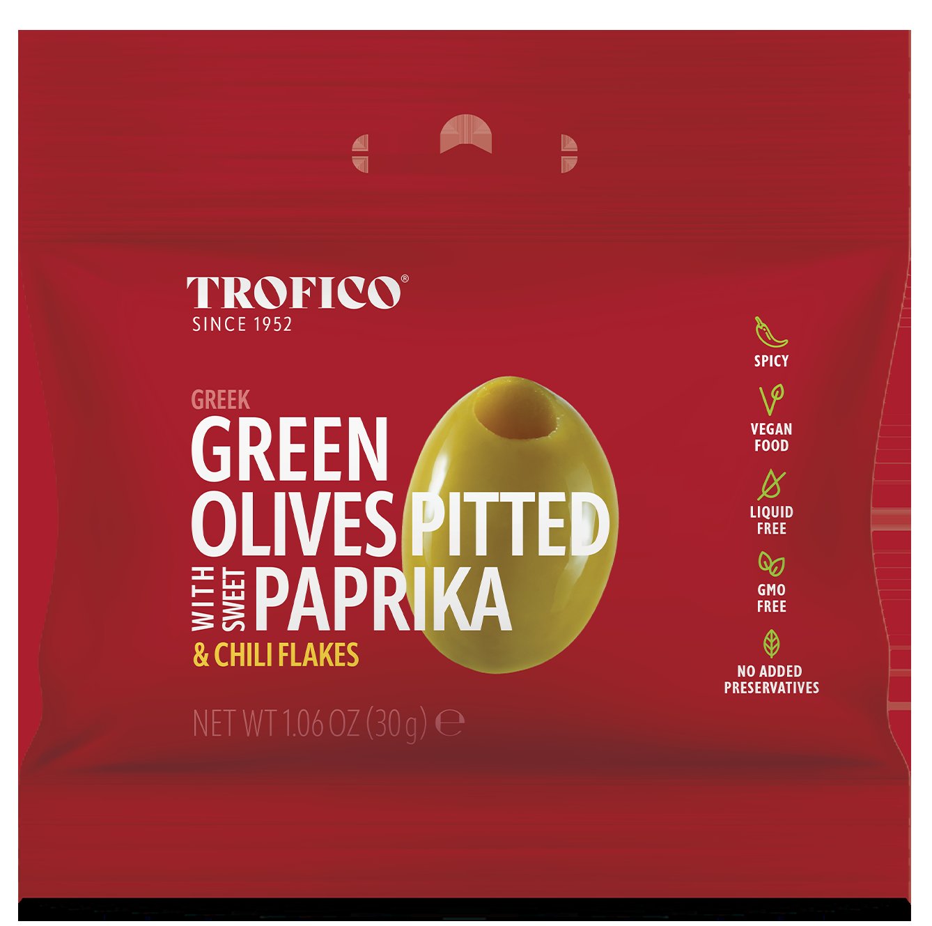 Trofico Greek Green Olives Pitted Paprika And Chili Flakes 230Gm