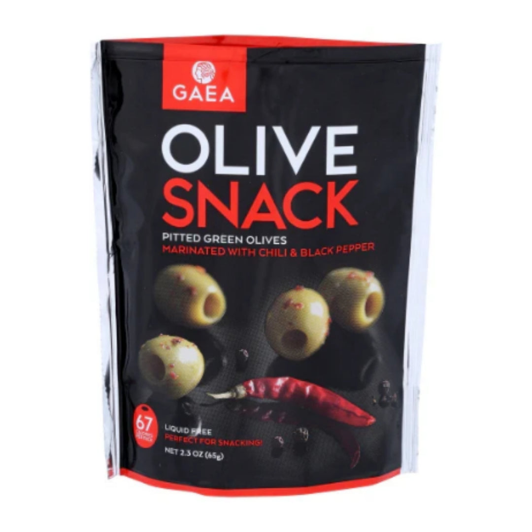 Gaea Chilli And Black Pepper Snack Pitted Green Olives 65Gm