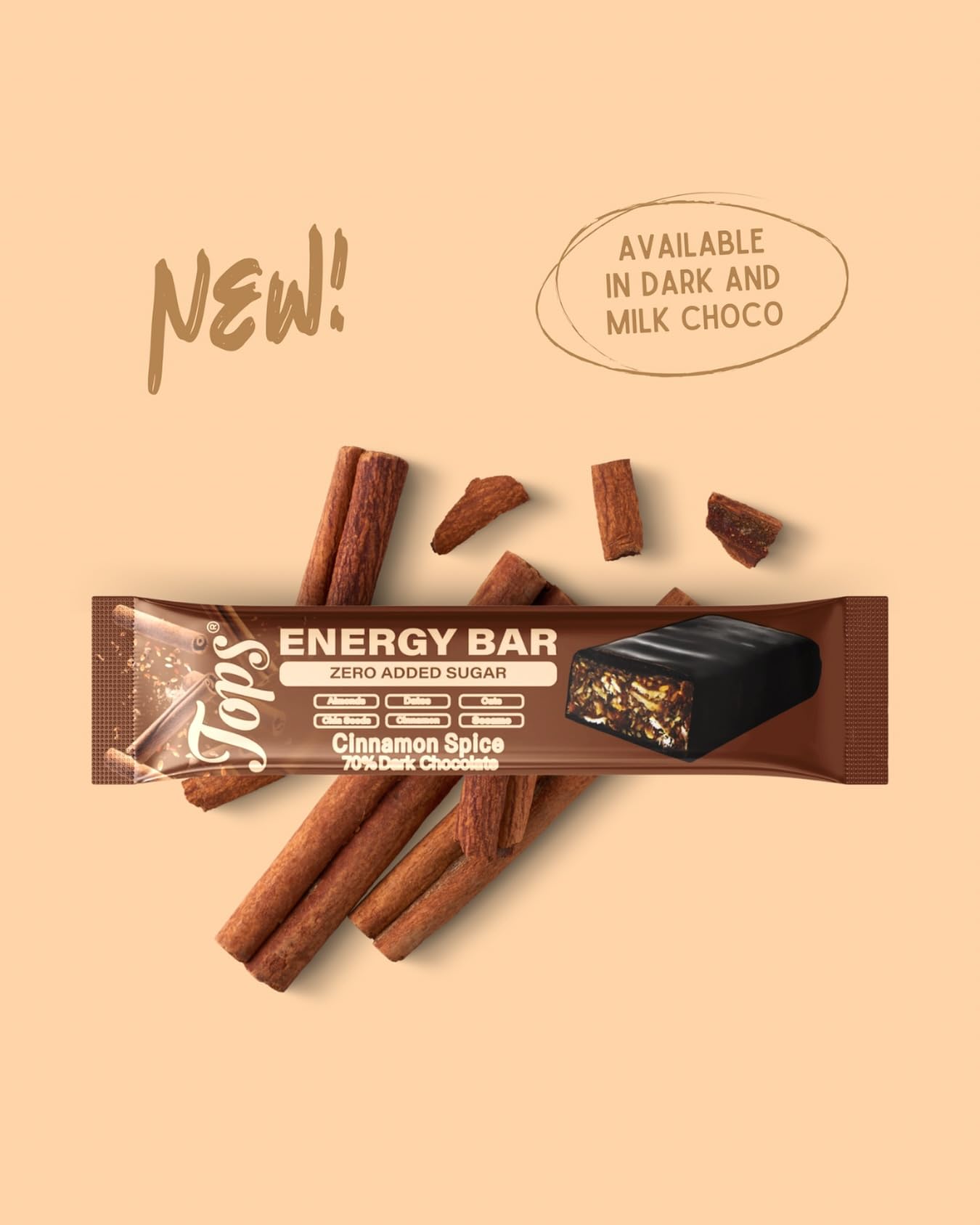 Tops Cinnamon Spice 70% Dark Choco No Added Sugar Energy Bar 50Gm
