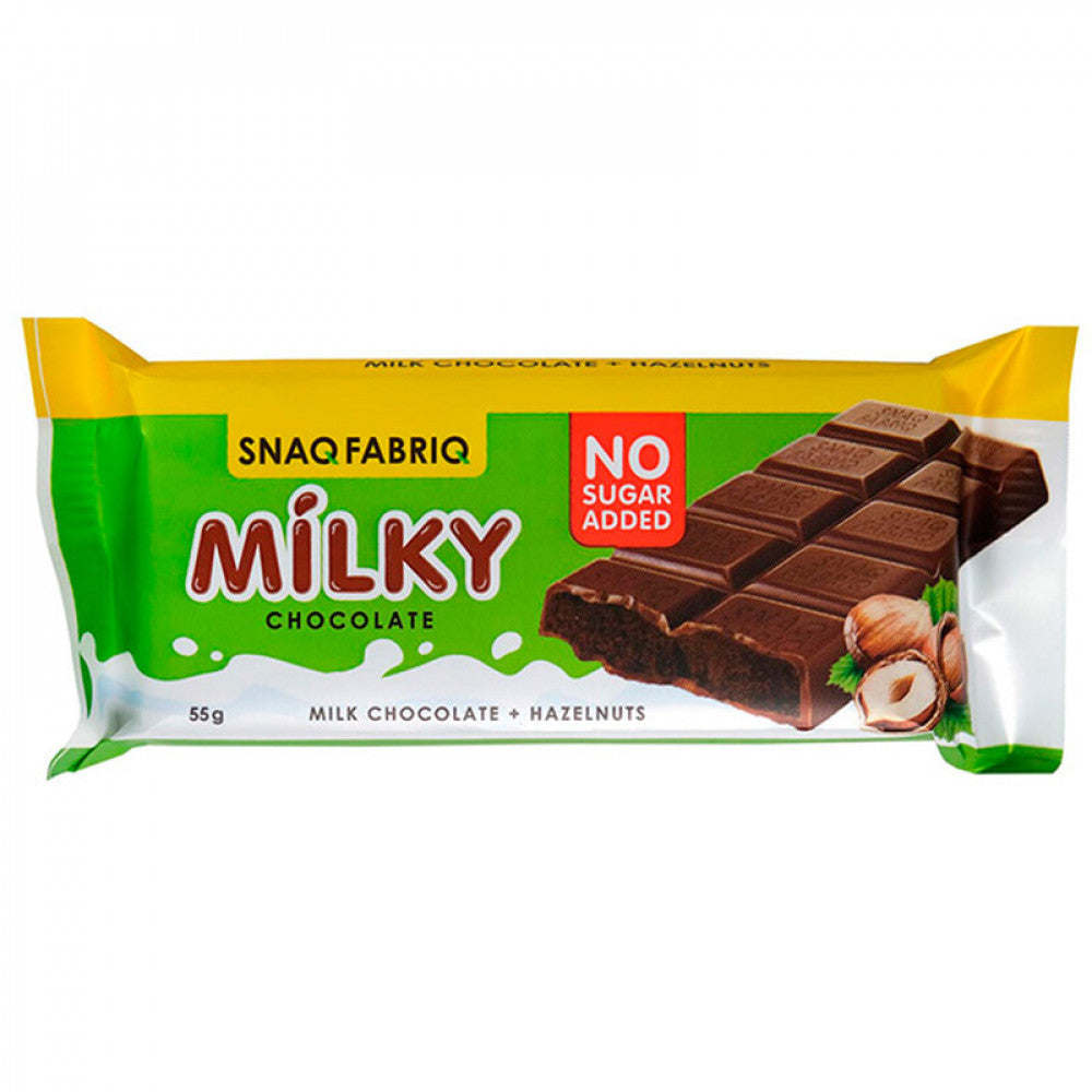 Snaq Fabriq Milky milk chocolate bar with hazelnuts 55 g, no sugar added